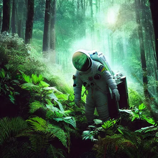 Image similar to an astronaut scans the lush forest, digital art, epic composition, highly detailed, cinematic lighting