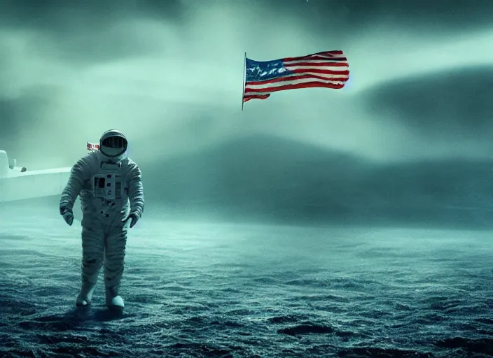 Image similar to astronaut holding a flag in an underwater desert. a submarine is visible in the distance. dark, concept art, cinematic, dramatic, atmospheric, 8 k, trending on artstation, blue, fish, low visibility, fog, ocean floor, christopher nolan, interstellar