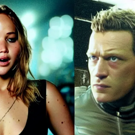 Image similar to amazing promo of Jennifer Lawrence as the T-9000 in a 2029 remake of Terminator