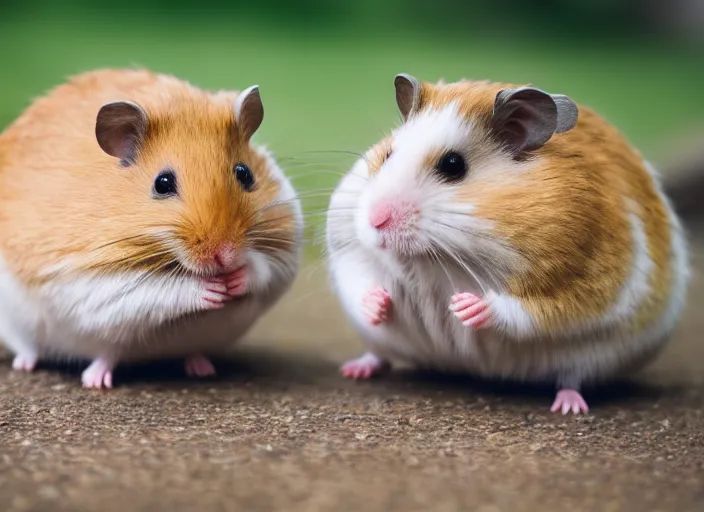 Prompt: photo of a hamsters walking in a park, cinematic color grading, various poses, soft light, faded colors, well framed, sharp focus, 8 k