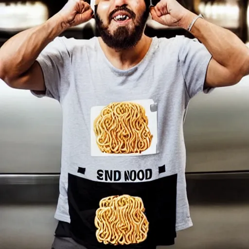 Image similar to a man wearing a funny tshirt with ramen noodles that says send noods