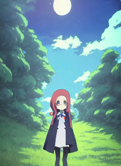 Prompt: Sucy from little witch academia, anime style, countryside, calm, fantasy character portrait, dark outlines, dynamic pose, above view, sunny day, artwork by Makoto Shinkai, very coherent asymmetrical artwork, sharp edges, perfect face, simple form, 100mm