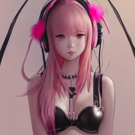 Prompt: realistic beautiful gorgeous natural cute Blackpink Lalisa Manoban pink hair cute fur pink cat ears, wearing white camisole summer outfit, headphones, black leather choker artwork drawn full HD 4K highest quality in artstyle by professional artists WLOP, Aztodio, Taejune Kim, Guweiz on Pixiv Artstation