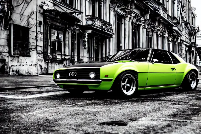 Image similar to widebody audi camaro b 1 ( 1 9 6 9 ), need for speed : carbon, at night, sci - fi, neon lines, lviv historic centre, phonk music background, smoke behind wheels, noise, dark, establishing shot, by simon stalenhag