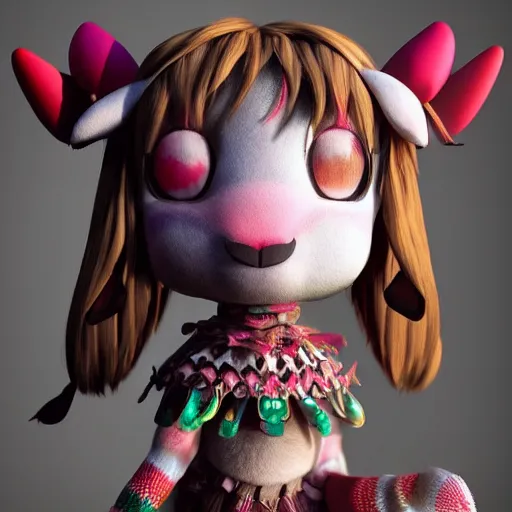 Prompt: cute fumo plush of a goat girl with horns, anime girl, tribal outfit with intricate celtic knot patterns, gothic maiden shaman, pagan goddess, glowing, bokeh, artstation, vray