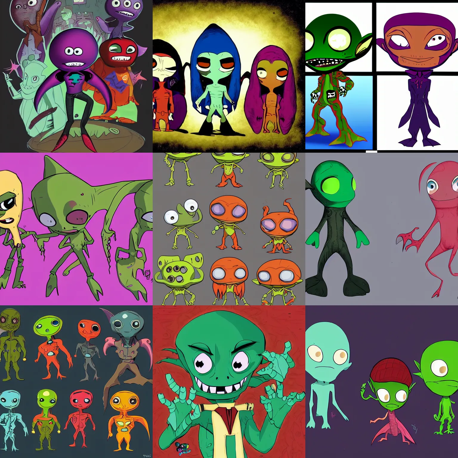 Prompt: friend shaped little vampire squid alien mutant race as playable character designs for the newest psychonauts video game made by double fine done by tim shafer with help from the artist for the band gorillaz and the artists from odd world inhabitant inc and Lauren faust from her work on dc superhero girls and lead artist Andy Suriano from rise of the teenage mutant ninja turtles on nickelodeon using the color character color choices from Nintendos Splatoon game franchise