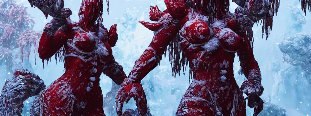 Image similar to muscular frosty warrior woman made of ice, walking in a dense alien snow covered frosty jungle, with snow covered colourful red, blue and purple plants, large vines, snow covered arched organic rock structures, in the style of monster hunter world, like concept art on artstation, hyperdetailed, vray render, octane render,