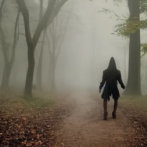 Image similar to goblin walking through the woods. Foggy. Dimly lit. Eerie. Spooky.