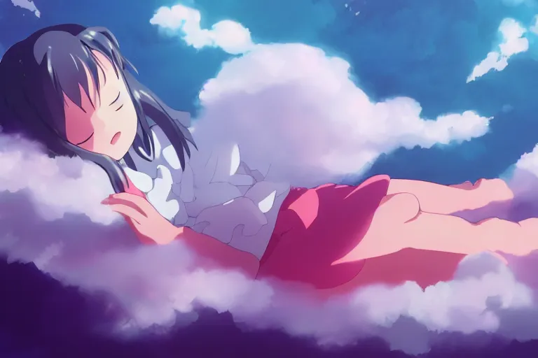 Prompt: a cute anime girl sleeping on a cloud, misty, glows, by studio ghibli, anime, hazy, foggy, ambient lighting, 8 k, neon, synthwave,