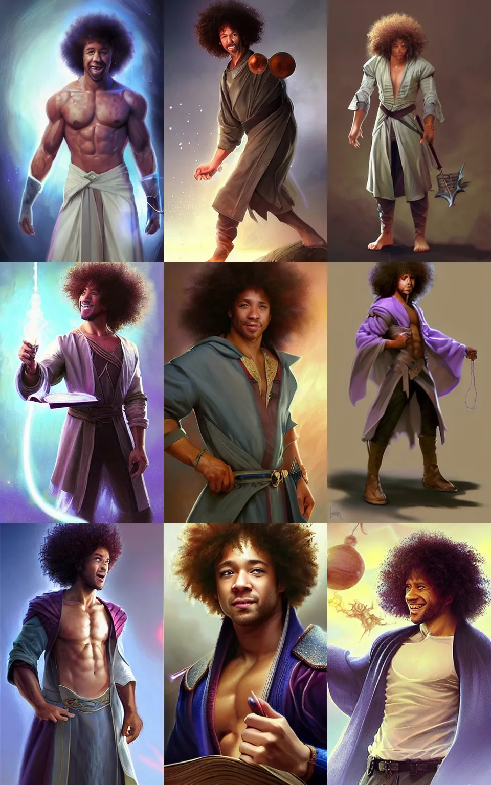 Prompt: character concept portrait of happy Corbin Bleu as a wizard enchanting a spell, a floating spell book in the center, muscular, abs, robes, elegant, digital painting, concept art, smooth, sharp focus, illustration, from Metal Gear, by Ruan Jia and Mandy Jurgens and William-Adolphe Bouguereau, Artgerm