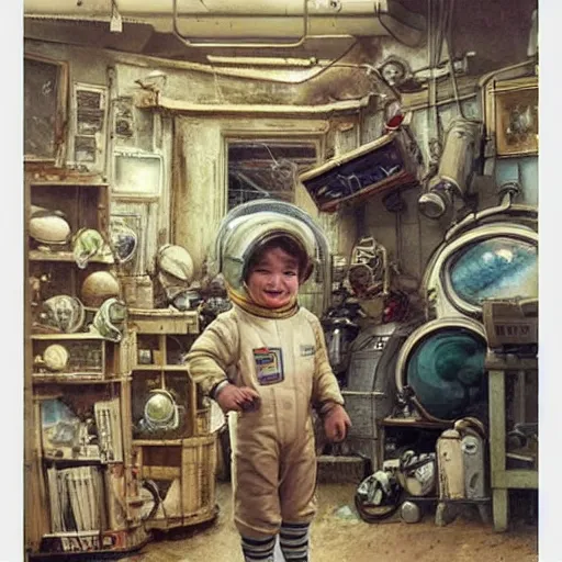 Image similar to boy in a retro space suit in a cluttered inventors shop . muted colors. by Jean-Baptiste Monge !!!!!!!!!!!!!!!!!!!!!!!!!!!!!!!!!!!!!!!!