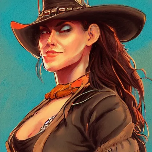 Image similar to beautiful cowboy witch, wild west, concept art, colored pencil drawing, trending on artstation