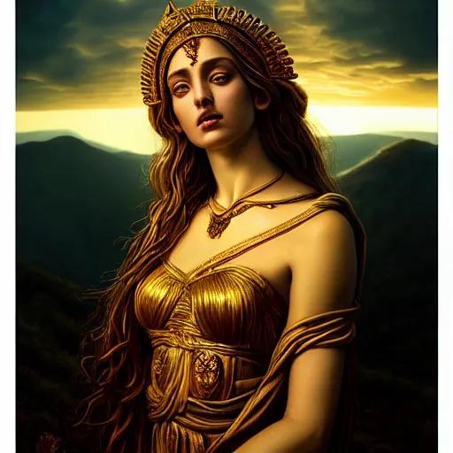 Image similar to majestic gracious regal seductive deity aphrodite portrait, ancient greece, atmospheric lighting, painted, ravenous, tempestuous, humble, intricate, volumetric lighting, beautiful, rich deep colours masterpiece, golden hour, golden ratio, sharp focus, ultra detailed, by leesha hannigan, ross tran, thierry doizon, kai carpenter, ignacio fernandez rios