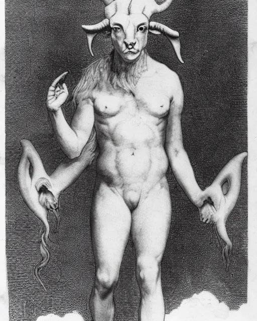 Image similar to aleister crowley as a a satyr goat man, he has long goat ears, multicolored goat fur, goat horns and yellow goat eyes with black horizontal pupils