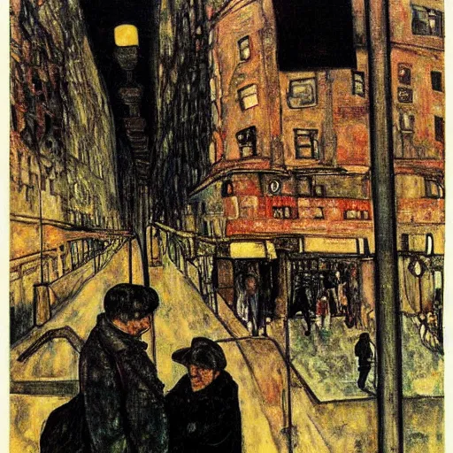 Prompt: a some people waiting in a lone bus stop in quiet dark city night, high quality, high resolution,detailed, by egon schiele 1960s