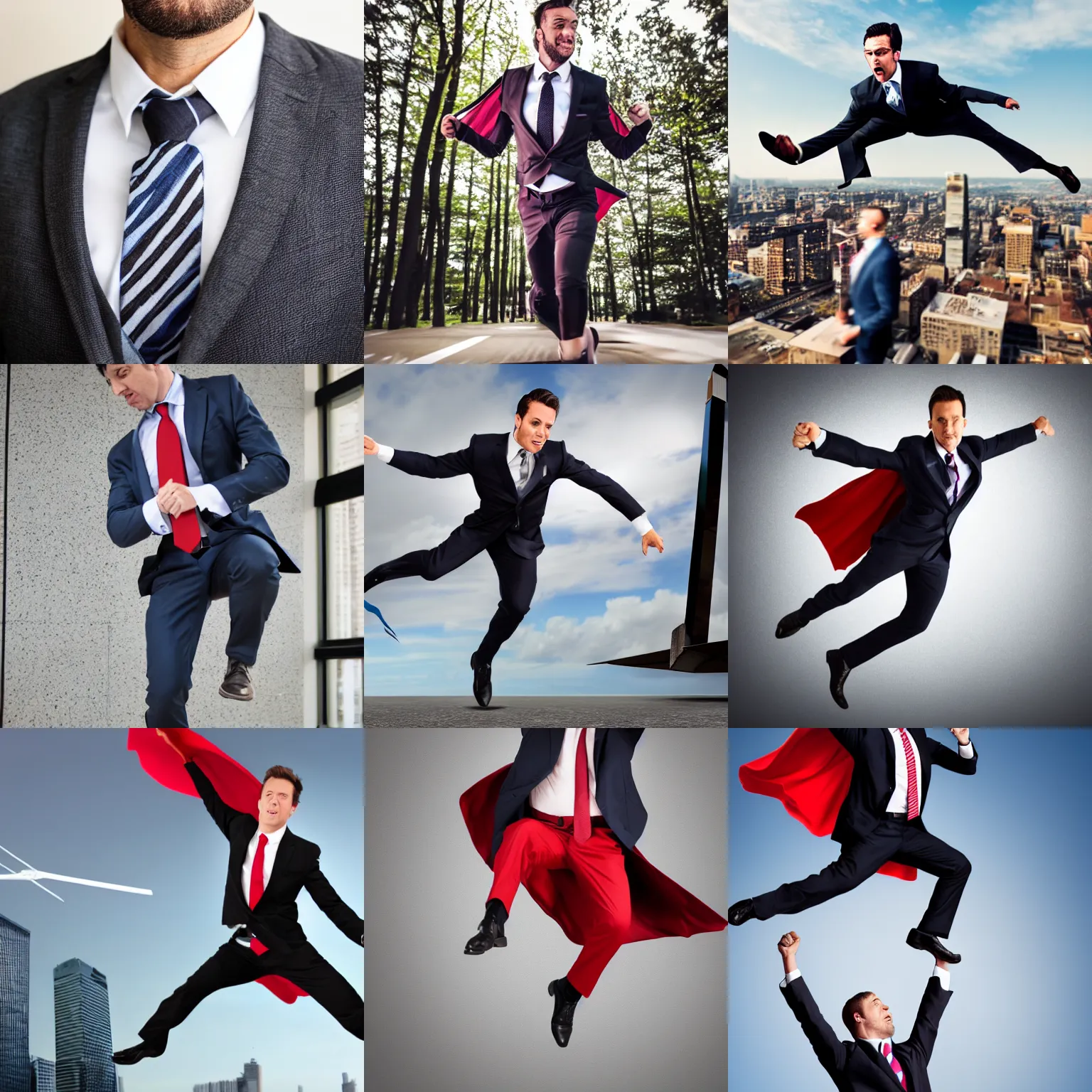 Prompt: action shot of a flying consultant superhero wearing a suit, a tie and a portfolio
