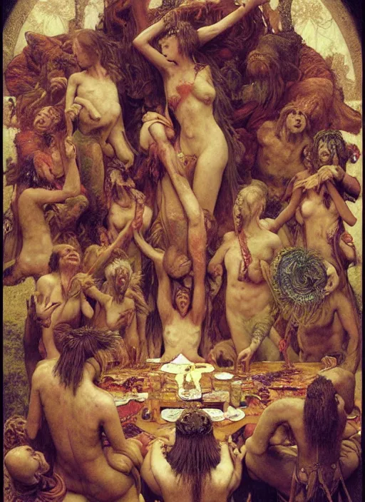 Prompt: hyper realistic painting of the feast, bachanal, cult, gathering, extreme expressions, in the style of wayne barlowe, gustav moreau, goward, gaston bussiere and roberto ferri, santiago caruso, and austin osman spare, bouguereau, mucha, saturno butto, sorayama. occult art, alchemical diagram