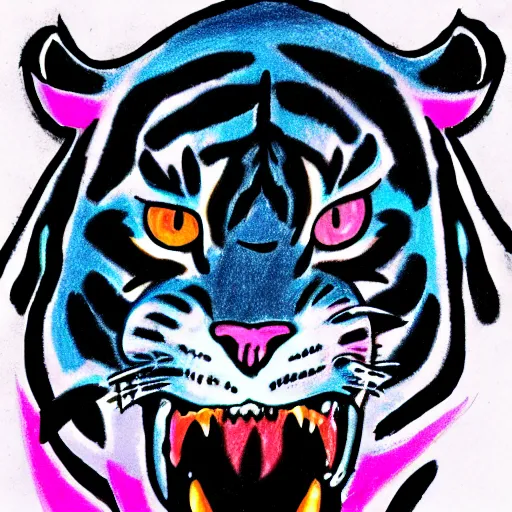Prompt: drawing of blue tiger head growling looking to the right with hot pink lightning bolt shooting out of its eye to the left