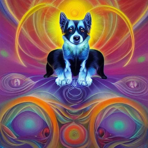 Prompt: enlightened spirit dog teacher by MICHAEL DIVINE and by AMANDA SAGE in the style of oil painting visionary art, oil painting artwork. , trending on artstation, very coherent symmetrical artwork, oil painting