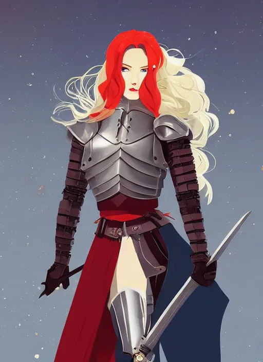 Image similar to a young woman in full plate armor with beautiful hair and red lips stages in a dramatic pose. she is a knight. clean cel shaded vector art. shutterstock. behance hd by lois van baarle, artgerm, helen huang, by makoto shinkai and ilya kuvshinov, rossdraws, illustration, art by ilya kuvshinov