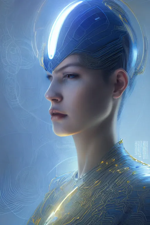 Prompt: detailed portrait glam cyber noun, attractive feminine curves, intricate, scifi, futuristic, elegant cape, elegant, alien room background, white, blue, gold, photorealism, intricate line drawings, by craig mullins, ruan jia, kentaro miura, greg rutkowski, loundraw