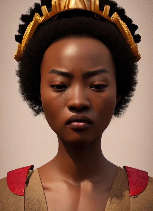 Image similar to attractive female portrait of african samurai, wearing gui, afro, rule of thirds, uplight, intricate, symmetrical!!, depth of field, cinematic, filmic, vsco, concept art, artstation, digital painting, elegant, model, gorgeous, adobe, vouge, magazine cover, epic, focus, octane render, vray render, arnold render,