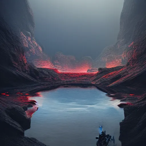 Prompt: landscape of a large Infiniti pool sitting in hell. intricate artwork by artstation. halo. octane render, cinematic, hyper realism, octane render, 8k, bokeh, demonic, dark, devil, demons, mist, red illuminating fog, rocks, hell. scheme.