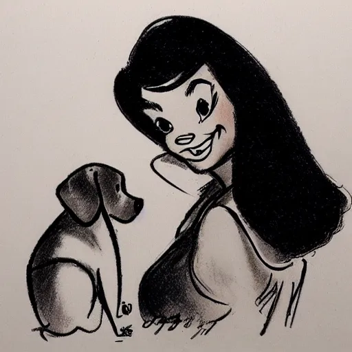 Image similar to milt kahl sketch of black hair cuban girl with dog nose