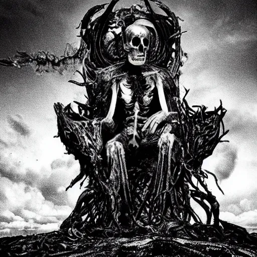 Prompt: death metal god sitting on a throne of bones, black hole halo, demon ghosts around, lava mist, surreal, haunted, intricate, in the photographic style of don mccullin