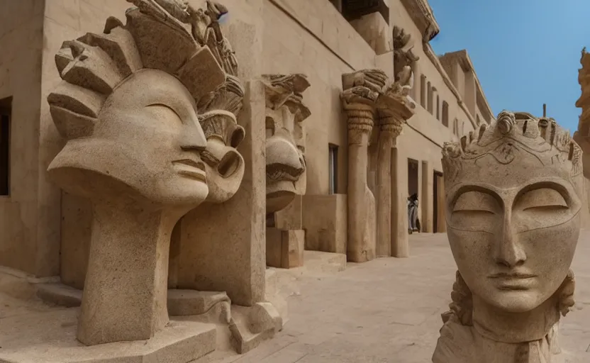 Image similar to marble sculpture of masked dune dynasty on the art deco streets of the undying empire city of ya - sattra during the festival of masks inside a museum hd 4 k photorealistic atmospheric light