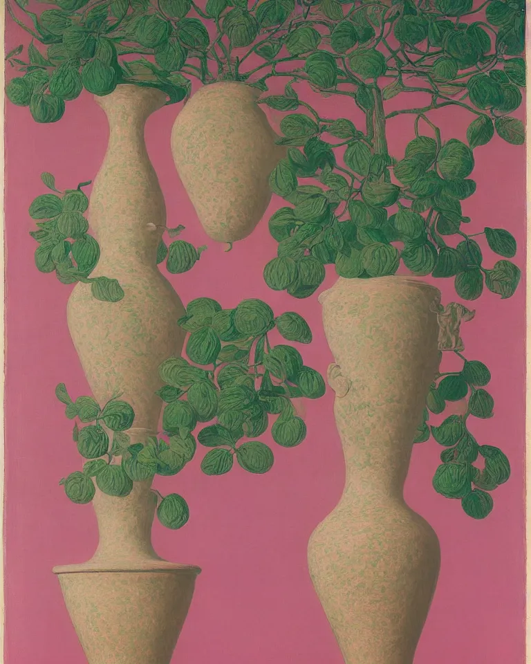 Image similar to achingly beautiful print of intricately painted ancient greek amphora on a pink background by rene magritte, monet, and turner.