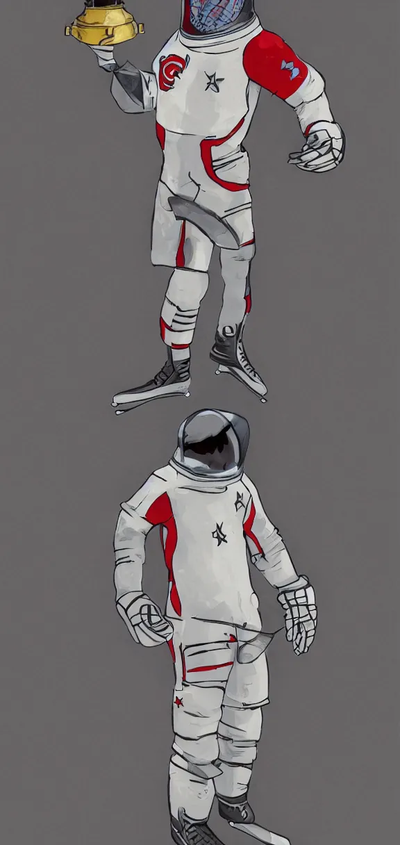Prompt: male, full body, habs ice hockey space suit with a modern helmet, large shoulders, short torso, long thin legs, tiny ice skate, stanley cup character sheet, science fiction, very stylized character design, digital painting, by mike mignola, by alex maleev, jean giraud, painted by leyendecker