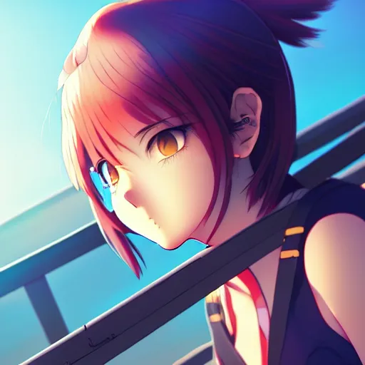 Image similar to digital anime art in the style of netflix arcane, cute female ninja sitting on an old japanese roof at golden hour, soft azure blue eyes, sincere smile, close up, wlop, ilya kuvshinov, backlit