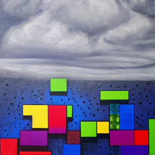 Prompt: tetris blocks floating around in a stormy ocean, rain, dark clouds, storm, dramatic, very detailed, intricate, complex, oil panting, masterpiece