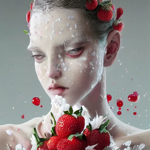 Image similar to the portrait of an absurdly beautiful, graceful, elegant, sophisticated, fashionable young woman made of strawberries and white petals with tears, an ultrafine hyperdetailed illustration by kim jung gi, irakli nadar, intricate linework, bright colors, octopath traveler, final fantasy, unreal engine 5 highly rendered, global illumination, radiant light, detailed and intricate environment