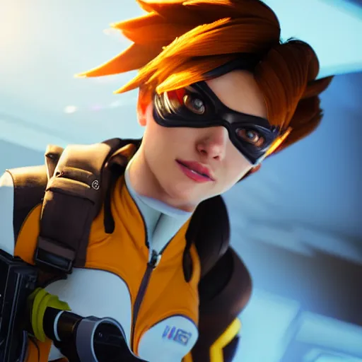 Image similar to tracer from overwatch as a real person, cinematic, volumetric lighting, f 8 aperture, cinematic eastman 5 3 8 4 film, photorealistic