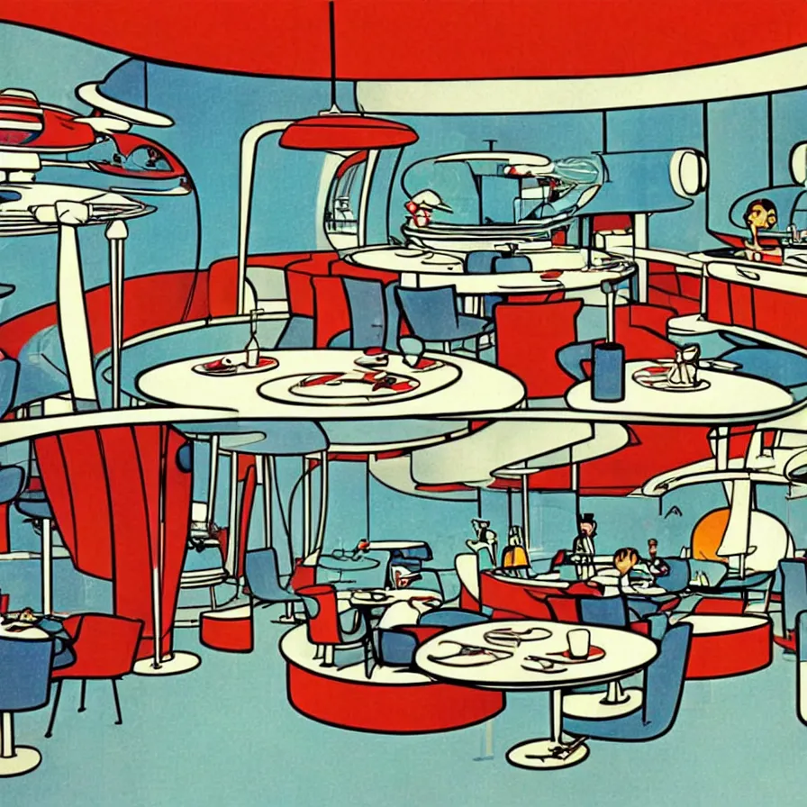 Image similar to concept art of jetsons cartoon indoor 5 0 s modern dinning room, painted by charlie harper