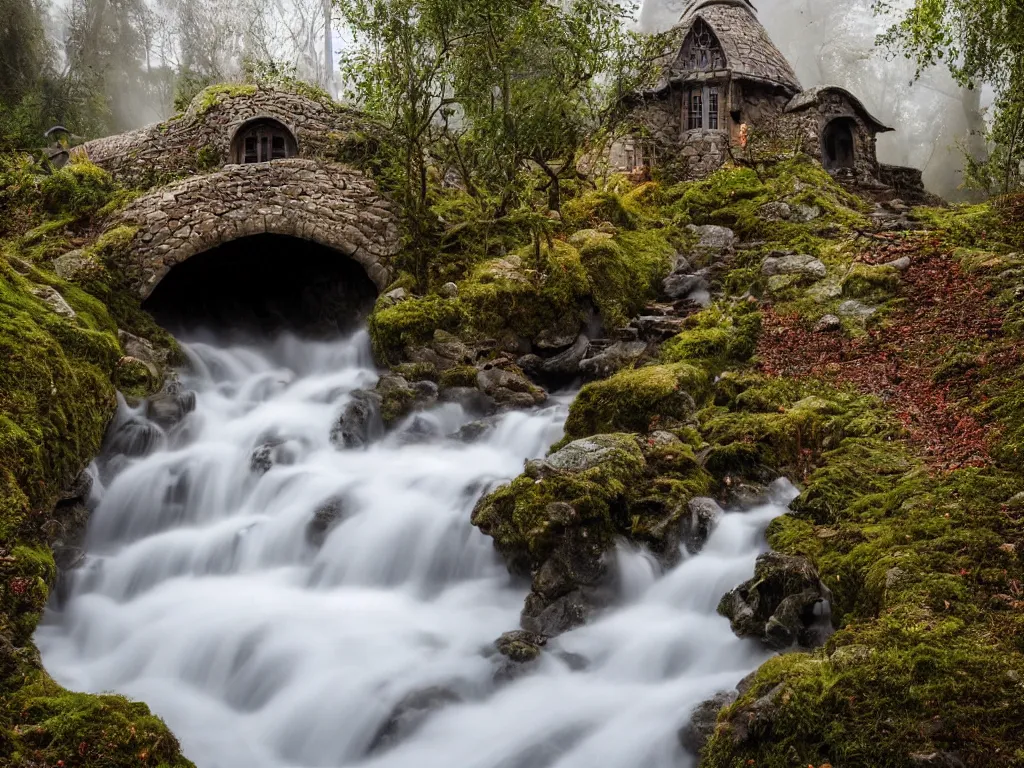 Prompt: medieval hobbit home, ornate, beautiful, atmosphere, vibe, mist, smoke, chimney, rain, wet, pristine, puddles, waterfall, melting, snow, creek, lush, ice, bridge, forest, flowers, james jean