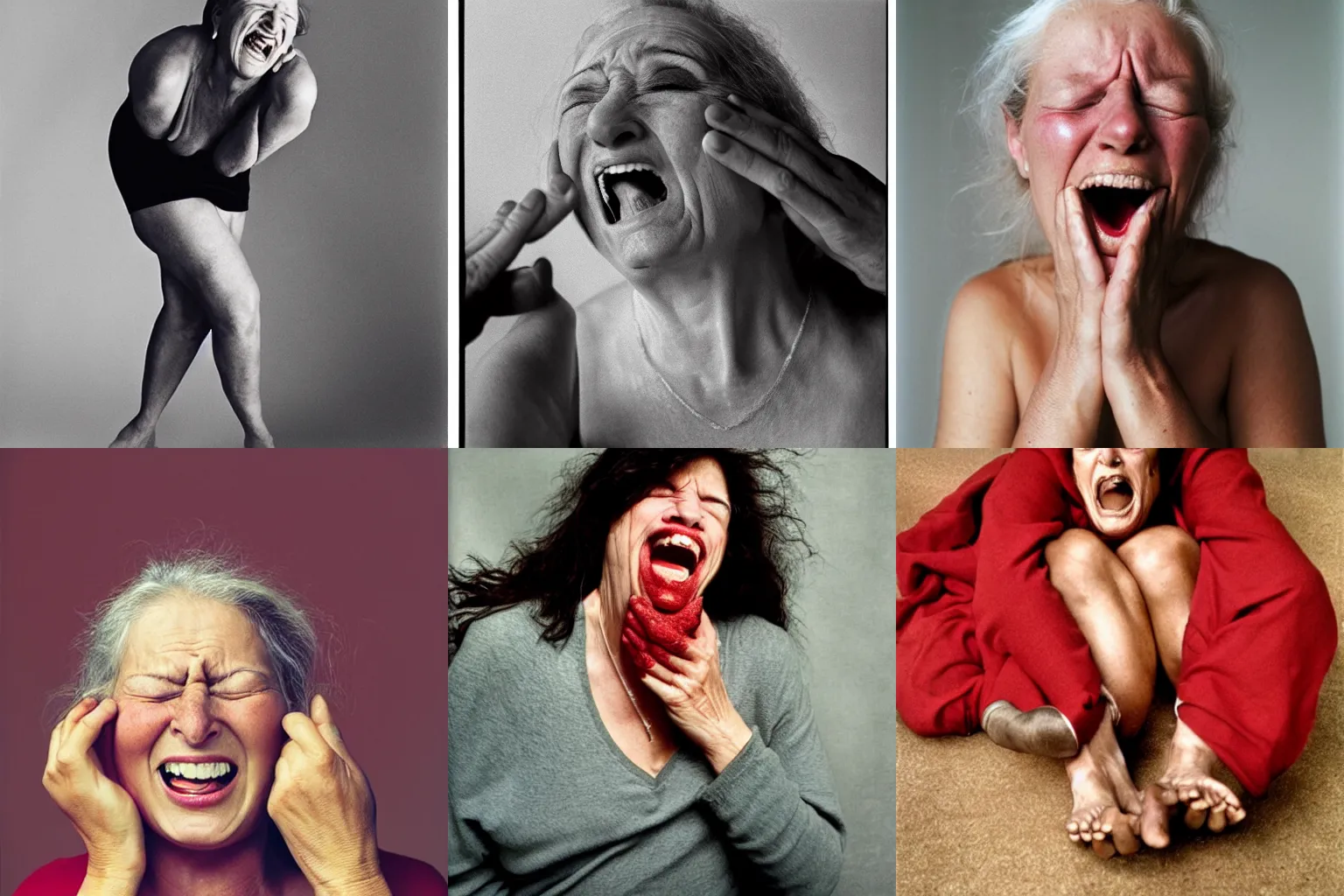 Prompt: woman stubbing her toe taken by Annie Leibovitz, face only, fully clothed, in pain, laughing, portrait