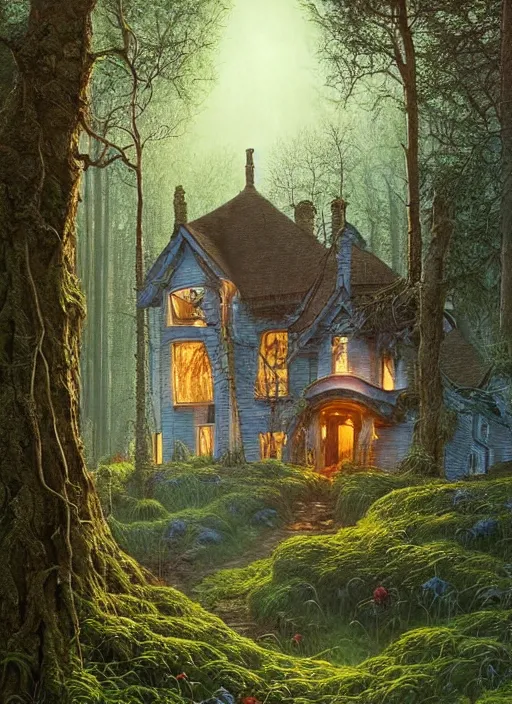 Image similar to hyper realistic homely ornate modern witch cottage distant down a path in the woods gorgeous lighting, blue sky, highly detailed, lush forest by zdzisław beksinski and norman rockwell and greg rutkowskiweta studio, and lucasfilm