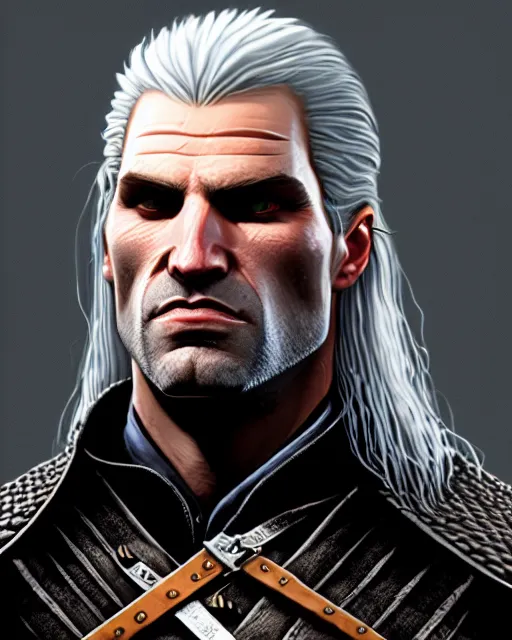 Prompt: portrait of geralt of rivia inspired by gta concept art, highly detailed, artstation, trending, concept art, by stephen bliss, anthony mcbain, roxie vizcarra