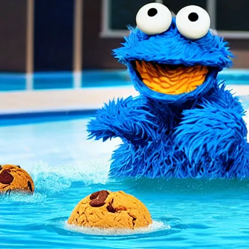 Image similar to cookie monster swimming in a pool