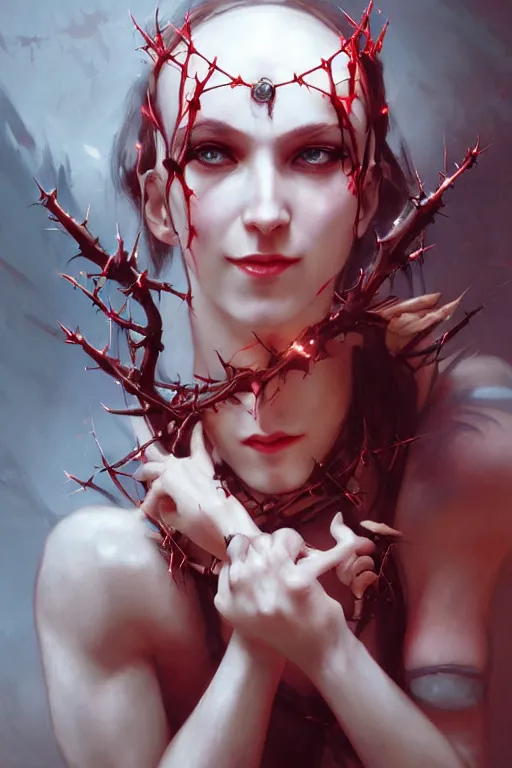 Prompt: Portrait of beautiful pale laughing cyborg succubus maiden with crown of thorns and glowing red eyes, Warhammer 40000, digital art from artstation by Ruan Jia and Mandy Jurgens and Artgerm and william-adolphe bouguereau