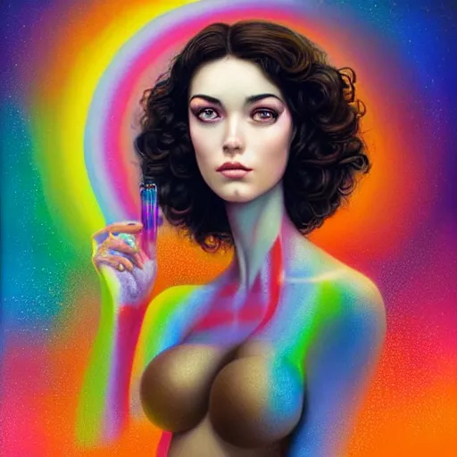 Image similar to Lofi vaporwave portrait beautiful woman with short brown curly hair, romanesque, rainbow, Pixar style, Tristan Eaton, Stanley Artgerm, Tom Bagshaw