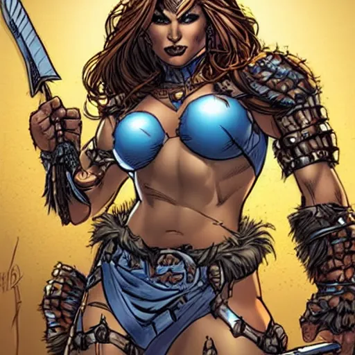 Prompt: Amazon warrior with a six-pack and heavy armor, drawn by J. Scott Campbell