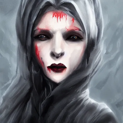 Image similar to a realistic head and shoulder professional portrait of a female vampire, painted in the style of bloodborne, interesting color use, vampire fashion, highly detailed, melancholy, vampire teeth