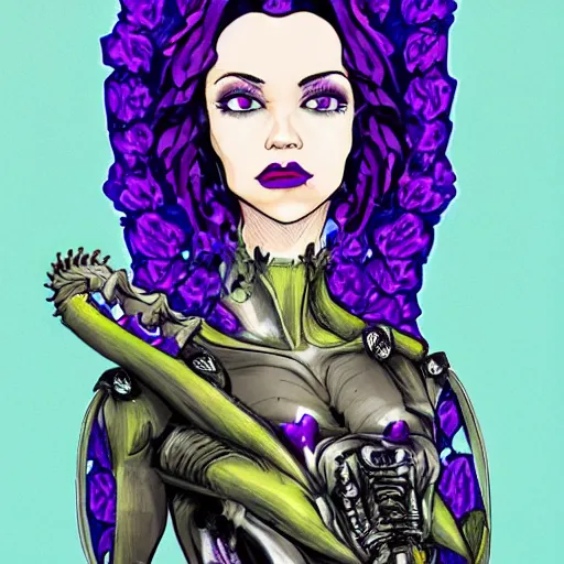 Image similar to the xenomorph queen wearing a purple floral dress and purple wide rimmed hat