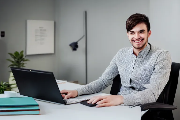 Image similar to handsome young man, sitting at office desk, smiling, dalmatian skin, hyper realistic, 4 k, bright, happy, photograph, high detail,