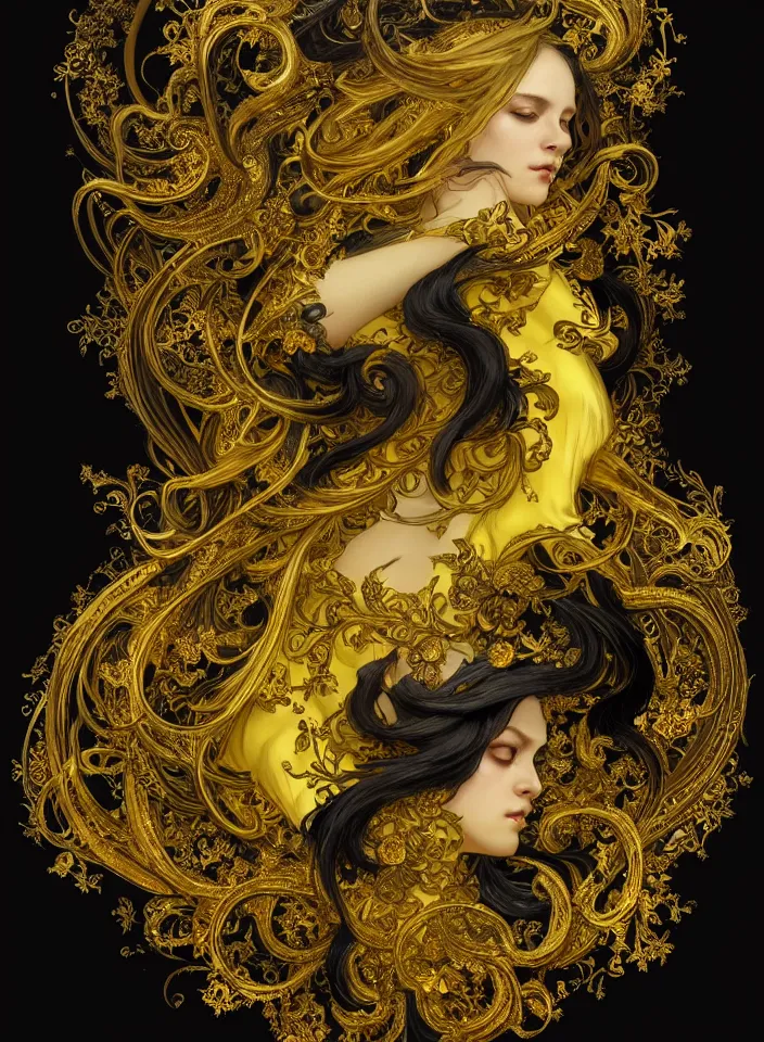 Image similar to beautiful black yellow, complicated gold the baroque style decoration, dark fantasy, intricate, elegant, highly detailed, digital painting, artstation, concept art, matte, 3 d 8 k octane rendered, sharp focus, illustration, octane rendered, art by artgerm and alphonse mucha, leesha hannigan, ross tran