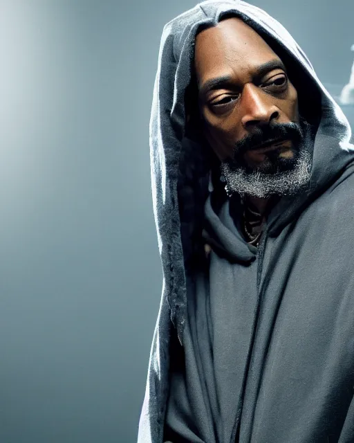 Image similar to Snoop Dogg in the role of Gandalf the Grey in the gray hood speaks to Frodo, film still, amazing short, 8K, IMAX, ultra detailed